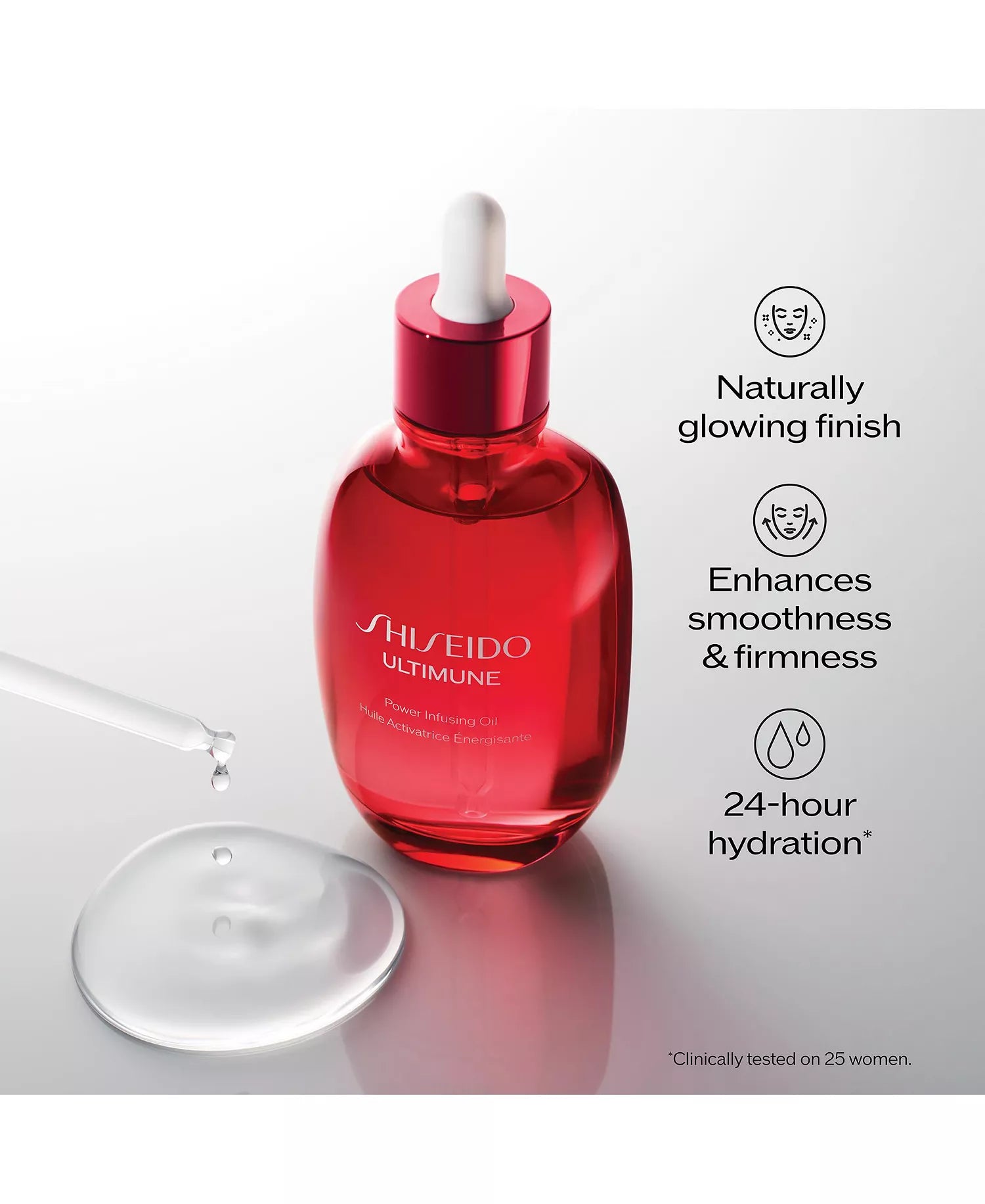 Shiseido Ultimate Power Infusing Oil with dropper with benefits text on side.