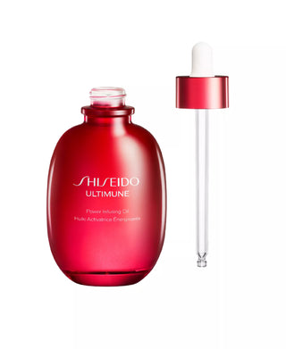 Shiseido Ultimune Power Infusing Oil with dropper on a white background